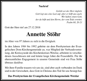 Traueranzeige von Annette Stöhr von 201 WNZ - Wetzlarer Neue Zeitung (110)