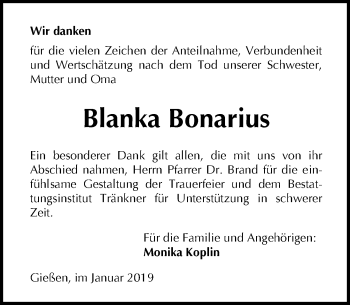 Traueranzeige von Blanka Bonarius von 560 Gießener Anzeiger