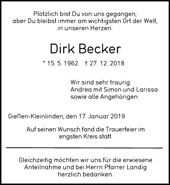Traueranzeige von Dirk Becker von 560 Gießener Anzeiger
