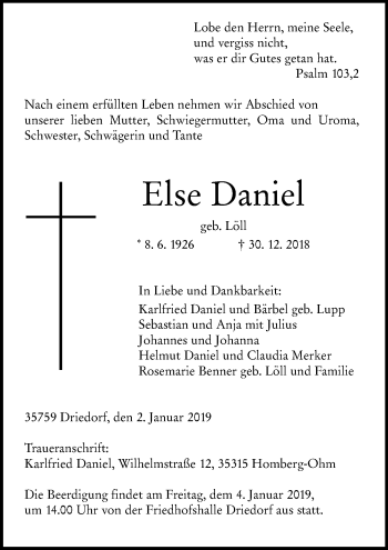 Traueranzeige von Else Daniel von 202 Dill Block (120)