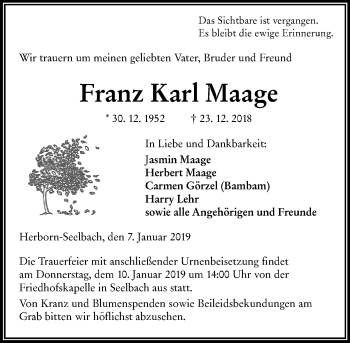 Traueranzeige von Franz Karl Maage von 202 Dill Block (120)