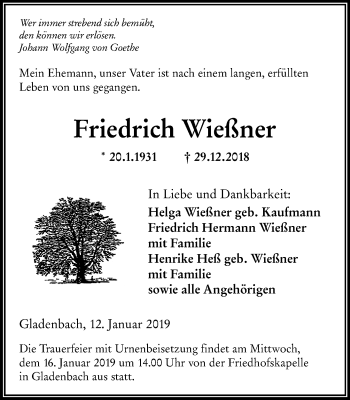 Traueranzeige von Friedrich Wießner von 205 HA - Hinterländer Anzeiger (130)