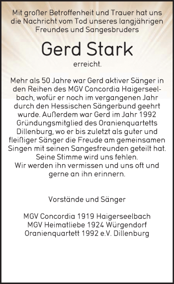 Traueranzeige von Gerd Stark von 202 Dill Block (120)