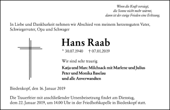 Traueranzeige von Hans Raab von 205 HA - Hinterländer Anzeiger (130)