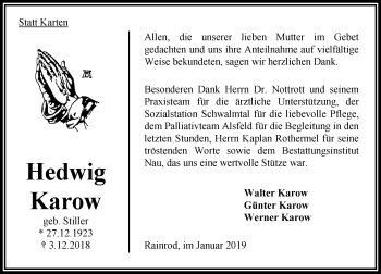 Traueranzeige von Hedwig Karow von VRM Trauer