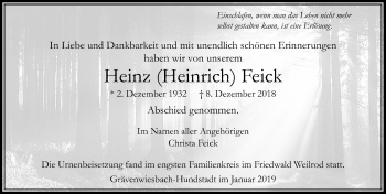 Traueranzeige von Heinz Heinrich Feick von 564 Usinger Anzeiger