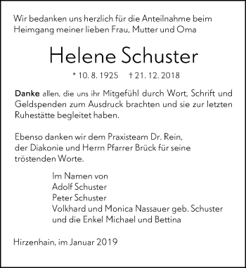 Traueranzeige von Helene Schuster von 202 Dill Block (120)