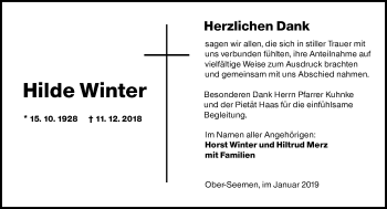Traueranzeige von Hilde Winter von 561 Kreisanzeiger