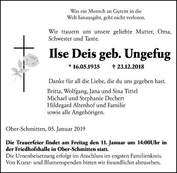 Traueranzeige von Ilse Deis von 561 Kreisanzeiger