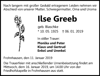 Traueranzeige von Ilse Greeb von 202 Dill Block (120)