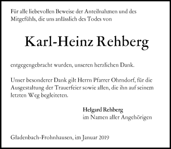 Traueranzeige von Karl-Heinz Rehberg von 205 HA - Hinterländer Anzeiger (130)