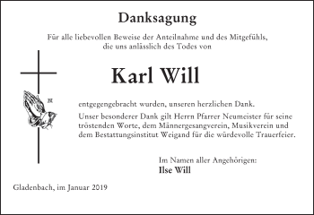 Traueranzeige von Karl Will von 205 HA - Hinterländer Anzeiger (130)