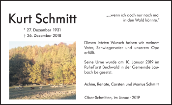 Traueranzeige von Kurt Schmitt von 561 Kreisanzeiger