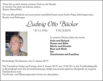 Traueranzeige von Ludwig Otto Bäcker von 205 HA - Hinterländer Anzeiger (130)
