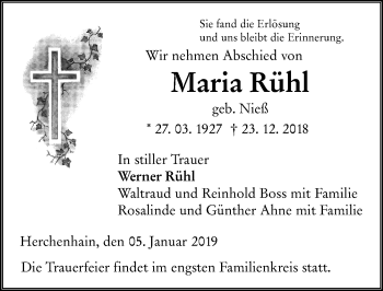 Traueranzeige von Maria Rühl von VRM Trauer