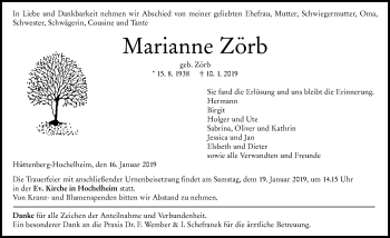 Traueranzeige von Marianne Zörb von 201 WNZ - Wetzlarer Neue Zeitung (110)