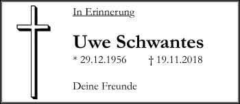 Traueranzeige von Uwe Schwantes von 564 Usinger Anzeiger
