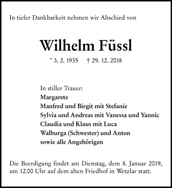 Traueranzeige von Wilhelm Füssl von 201 WNZ - Wetzlarer Neue Zeitung (110)