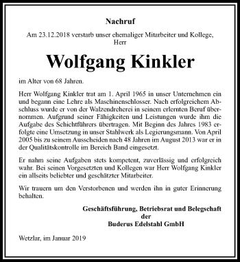 Traueranzeige von Wolfgang Kinkler von 201 WNZ - Wetzlarer Neue Zeitung (110)