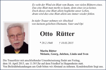 Traueranzeige von Otto Rütter von Starkenburger Echo