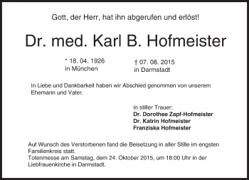 Traueranzeige von Karl  Hofmeister von trauer.echo-online.de