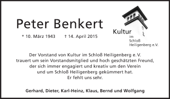 Traueranzeige von Peter Benkert von Echo-Zeitungen (Gesamtausgabe)