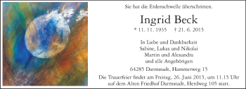 Traueranzeige von Ingrid Beck von Echo-Zeitungen (Gesamtausgabe)