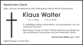 Traueranzeige von Klaus Walter von Echo-Zeitungen (Gesamtausgabe)