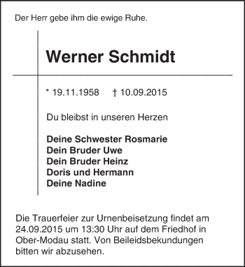 Traueranzeige von Werner Schmidt von trauer.echo-online.de