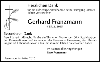 Traueranzeige von Gerhard Franzmann von Rüsselsheimer Echo, Groß-Gerauer-Echo, Ried Echo