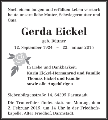 Traueranzeige von Gerda Eickel von Echo-Zeitungen (Gesamtausgabe)