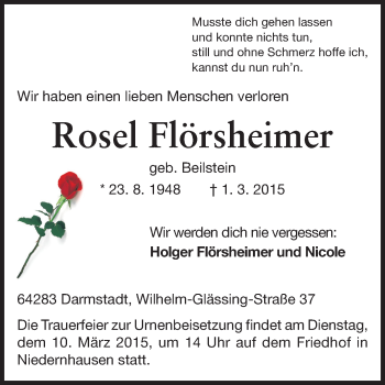 Traueranzeige von Rosel Flörsheimer von Echo-Zeitungen (Gesamtausgabe)