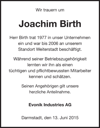 Traueranzeige von Joachim Birth von Echo-Zeitungen (Gesamtausgabe)