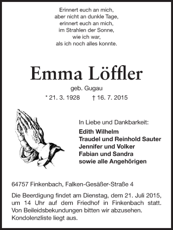Traueranzeige von Emma Löffler von Odenwälder Echo