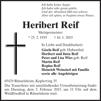 Traueranzeige von Heribert Reif von Rüsselsheimer Echo, Groß-Gerauer-Echo, Ried Echo