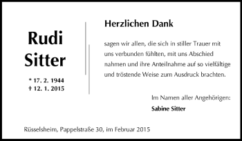 Traueranzeige von Rudi Sitter von Rüsselsheimer Echo, Groß-Gerauer-Echo, Ried Echo