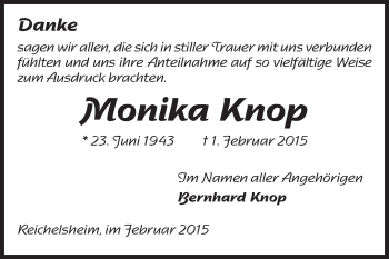 Traueranzeige von Monika Knop von Echo-Zeitungen (Gesamtausgabe)