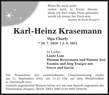 Traueranzeige von Karl-Heinz  Krasemann von trauer.echo-online.de