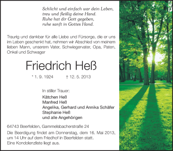 Traueranzeige von Friedrich Heß von Darmstädter Echo