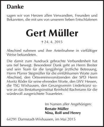 Traueranzeige von Gert Müller von Echo-Zeitungen (Gesamtausgabe)
