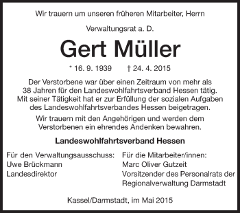 Traueranzeige von Gert Müller von Echo-Zeitungen (Gesamtausgabe)