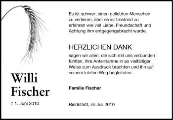 Traueranzeige von Willi Fischer von Rüsselsheimer Echo, Groß-Gerauer-Echo, Ried Echo