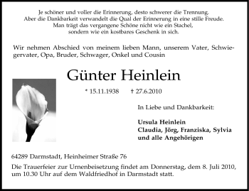 Traueranzeige von Günter Heinlein von Darmstädter Echo, Odenwälder Echo, Rüsselsheimer Echo, Groß-Gerauer-Echo, Ried Echo