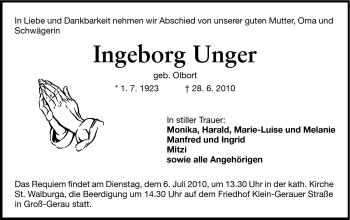 Traueranzeige von Ingeborg Unger von Rüsselsheimer Echo, Groß-Gerauer-Echo, Ried Echo