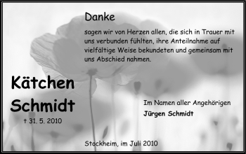 Traueranzeige von Kätchen Schmidt von Odenwälder Echo