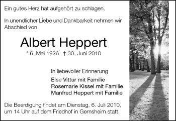 Traueranzeige von Albert Heppert von Rüsselsheimer Echo, Groß-Gerauer-Echo, Ried Echo
