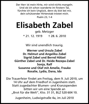 Traueranzeige von Elisabeth Zabel von Echo-Zeitungen (Gesamtausgabe)