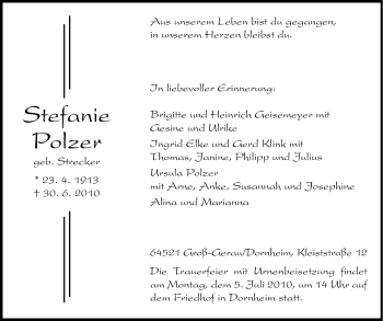 Traueranzeige von Stefanie Polzer von Rüsselsheimer Echo, Groß-Gerauer-Echo, Ried Echo