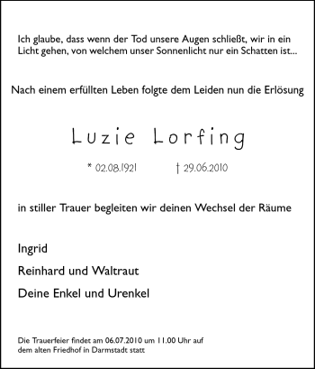 Traueranzeige von Luzie Lorfing von Echo-Zeitungen (Gesamtausgabe)