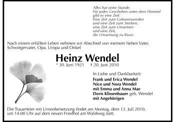 Traueranzeige von Heinz Wendel von Echo-Zeitungen (Gesamtausgabe)